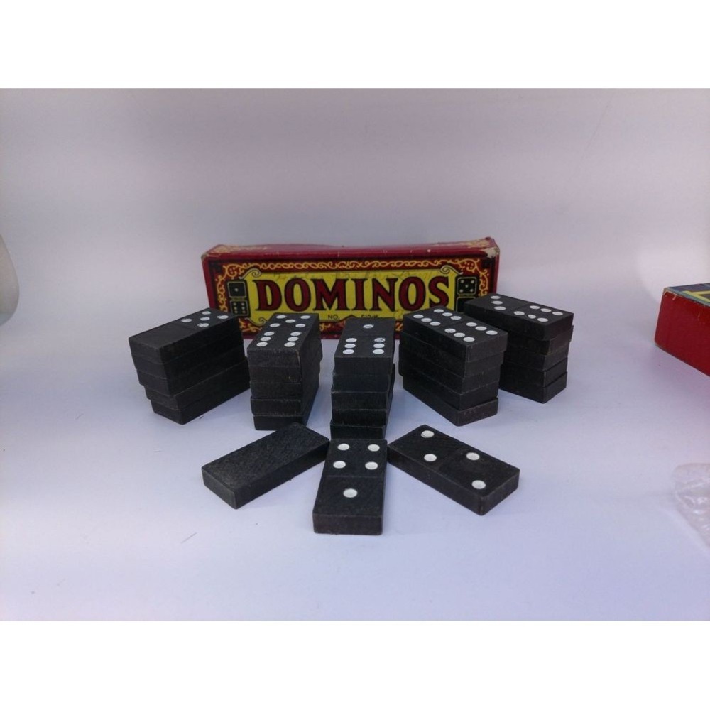 Vintage Dominoes Set Halsam 610-H Black Tiles White Pips Red Yellow‎ Box